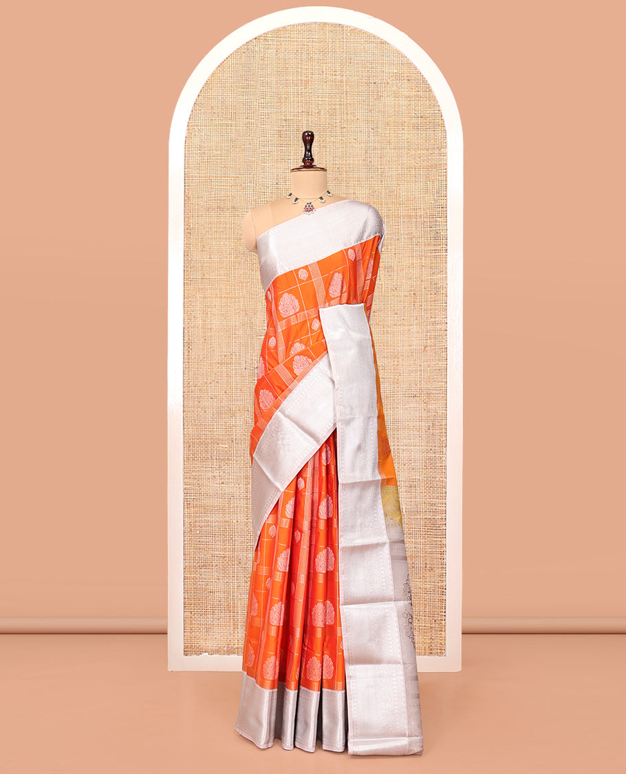 Orange Budget Silk Saree, Featuring Zari Butta Enclosed Checks, Complemented by Contrast Traditional Border, Intricate Pallu, and a Contrast Blouse