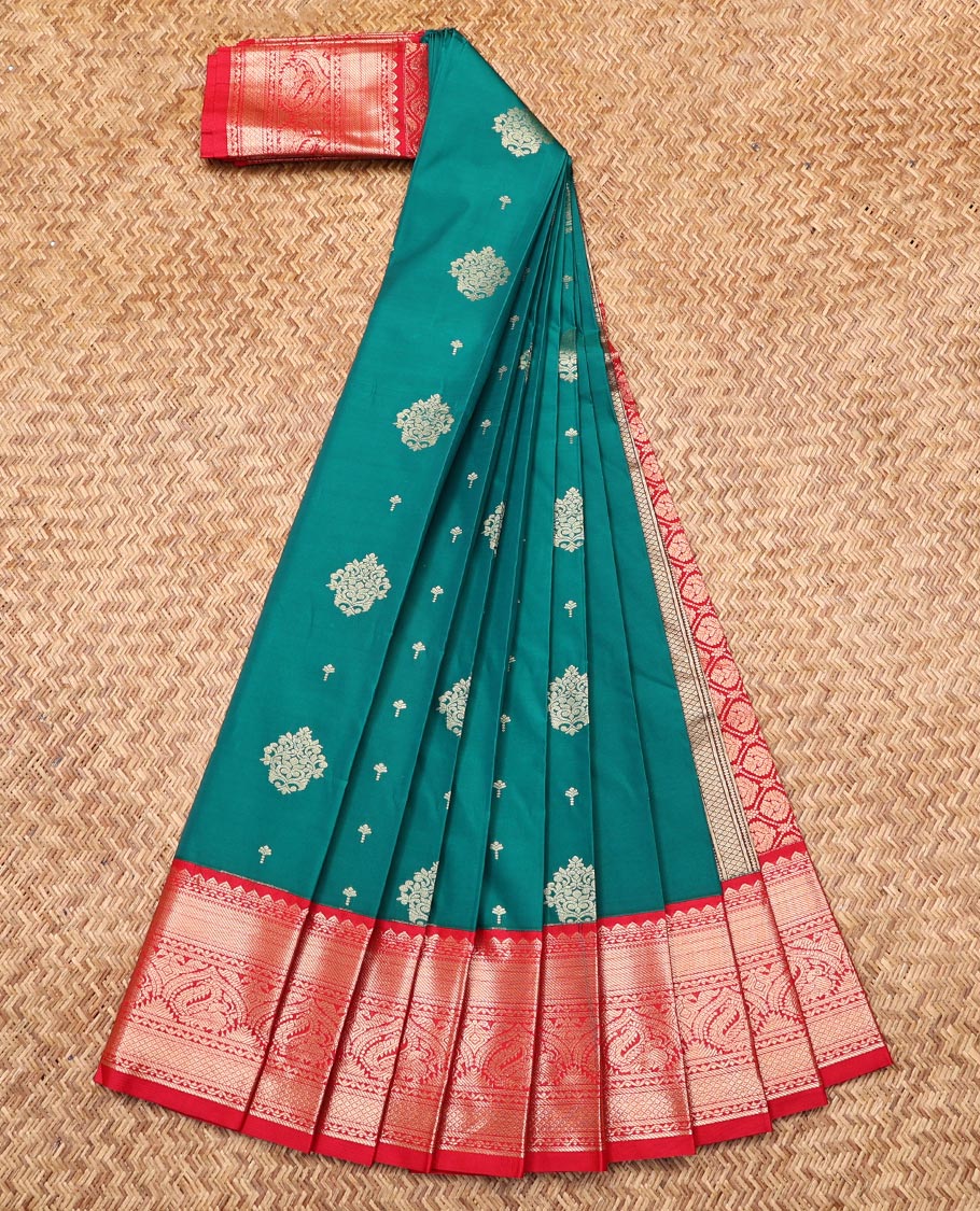 Green Budget Silk Saree, Embellished with Zari Buttas, Complemented by a Contrast Traditional Zari Border, Grand Pallu, and a Contrast Blouse