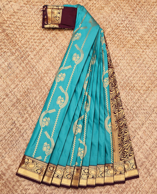 Blue Budget Silk Saree, Ornamented with Zari Designs, Complemented by a Contrast Traditional Zari Border, Intricate Pallu, and a Contrast Blouse