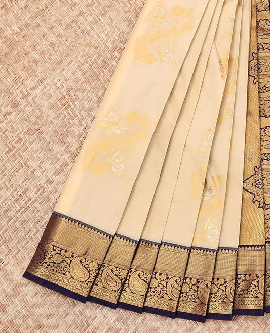 Beige Budget Silk Saree, Subtly Sparkled with Zari Buttas, Complemented by a Contrast Traditional Zari Border, Grand Pallu, and a Contrast Blouse