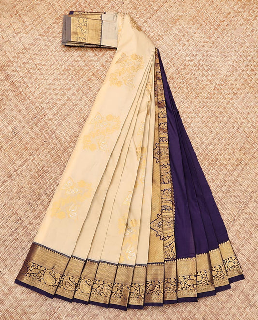 Beige Budget Silk Saree, Subtly Sparkled with Zari Buttas, Complemented by a Contrast Traditional Zari Border, Grand Pallu, and a Contrast Blouse