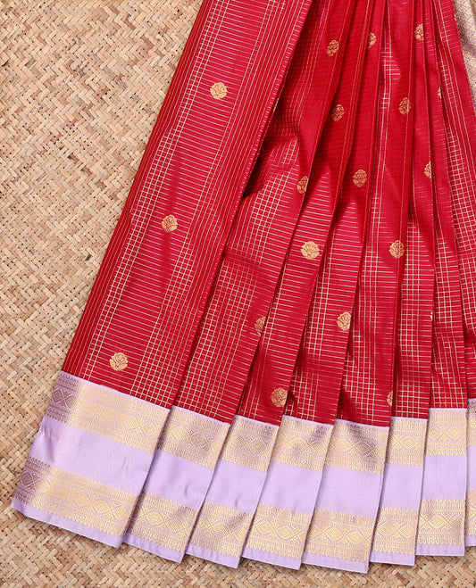 Red Budget Silk Saree, Detailed with Zari Buttas and Micro-Checks, a Contrast Traditional Zari Rettai Pettu Border, Intricate Pallu, and a Contrast Blouse