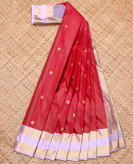 Red Budget Silk Saree, Detailed with Zari Buttas and Micro-Checks, a Contrast Traditional Zari Rettai Pettu Border, Intricate Pallu, and a Contrast Blouse