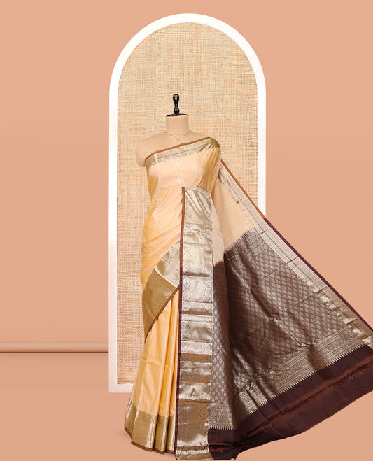 Sandal Budget Silk Saree, Sparsely Woven with Zari Designs, Complemented by a Contrast Traditional Zari Border, Grand Jaal Pallu, and Contrast Blouse
