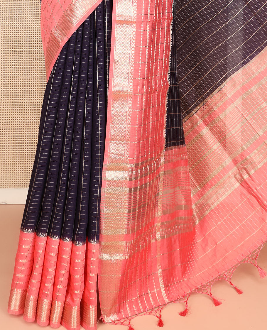 Blue Assam Silk Saree, Prettified with Zari Checks on Its Body, Complemented by a Contrast Traditional Zari Design Woven Border, Sparkling Pallu of Zari Stripes, and Paired with a Contrast Blouse