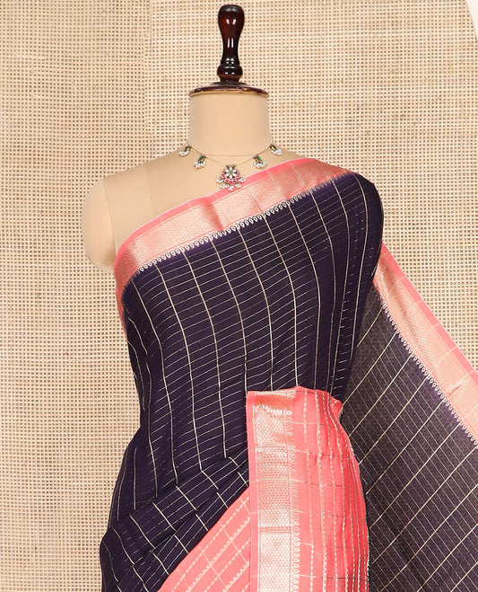 Blue Assam Silk Saree, Prettified with Zari Checks on Its Body, Complemented by a Contrast Traditional Zari Design Woven Border, Sparkling Pallu of Zari Stripes, and Paired with a Contrast Blouse