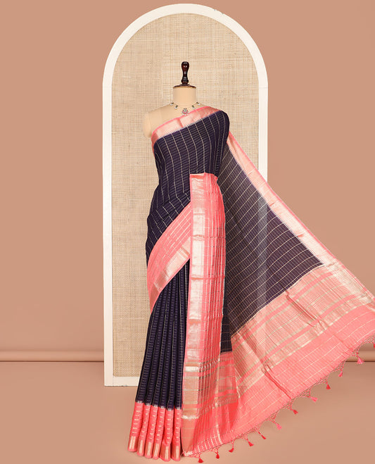 Blue Assam Silk Saree, Prettified with Zari Checks on Its Body, Complemented by a Contrast Traditional Zari Design Woven Border, Sparkling Pallu of Zari Stripes, and Paired with a Contrast Blouse