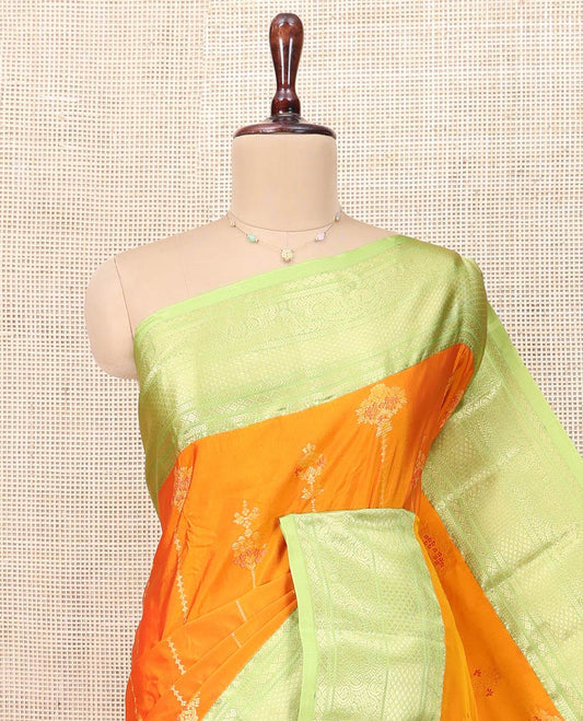 Orange Budget Silk Saree, Adorned with Zari Designs All Over Its Body, Complemented by a Contrast Traditional Zari Design Border, Grand Pallu of Intricate Designs, and Paired with a Contrast Blouse