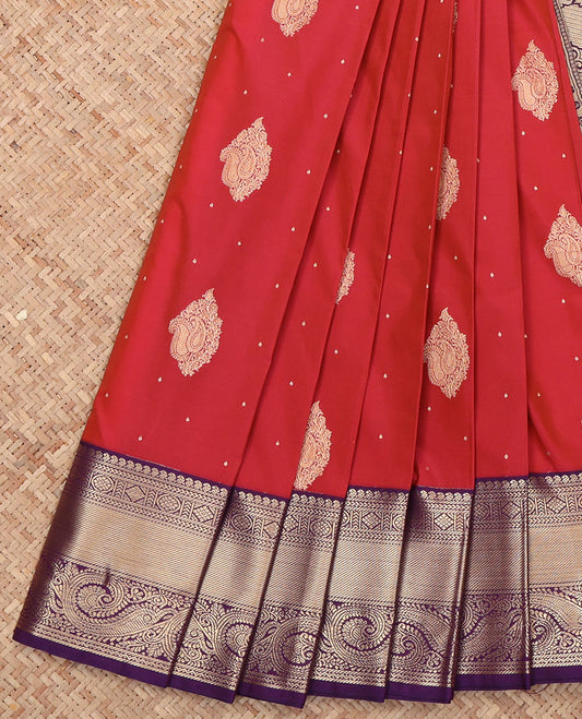 Red Budget Silk Saree, Highlighted with Zari Buttas All Over Its Body, Complemented by a Contrast Traditional Zari Design-Woven Border, Mughal-Style Intricately Designed Pallu, and Paired with a Contrast Blouse