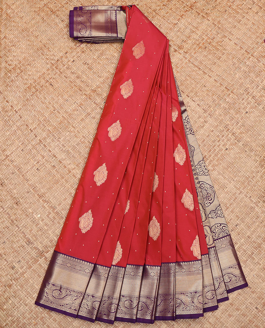 Red Budget Silk Saree, Highlighted with Zari Buttas All Over Its Body, Complemented by a Contrast Traditional Zari Design-Woven Border, Mughal-Style Intricately Designed Pallu, and Paired with a Contrast Blouse