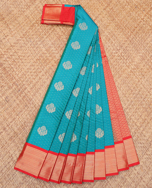Peacock Blue Budget Silk Saree, Decorated with Zari Buttas All Over Its Body, Complemented by a Contrast Traditional Zari Design Border, Intricately Designed Pallu, and Paired with a Contrast Blouse