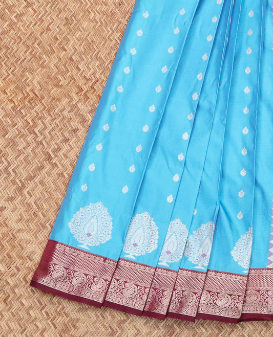 Blue Budget Silk Saree, Mesmerized with Zari Buttas All Over Its Body, Complemented by Contrast Traditional Zari Designs Woven Rettai Pettu Border, Grand Jaal Pallu and Paired with a Contrast Blouse
