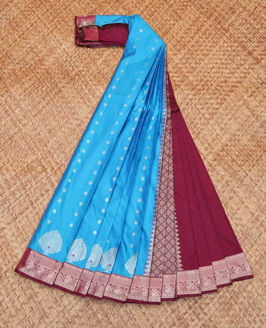 Blue Budget Silk Saree, Mesmerized with Zari Buttas All Over Its Body, Complemented by Contrast Traditional Zari Designs Woven Rettai Pettu Border, Grand Jaal Pallu and Paired with a Contrast Blouse