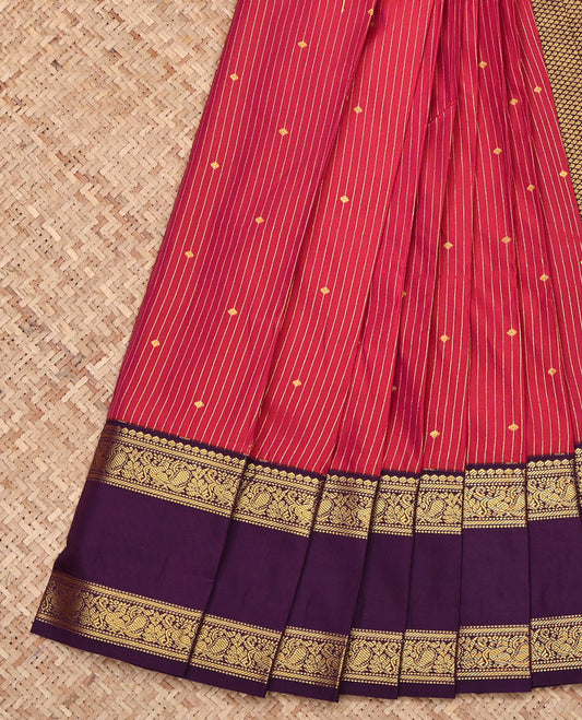 Red Budget Silk Saree, Subtly Sparkled with Buttas and Stripes All Over Its Body, Complemented by a Contrast Traditional Zari Design Rettai Pettu Border, Grand Jaal-Patterned Pallu, and Paired with a Contrast Blouse