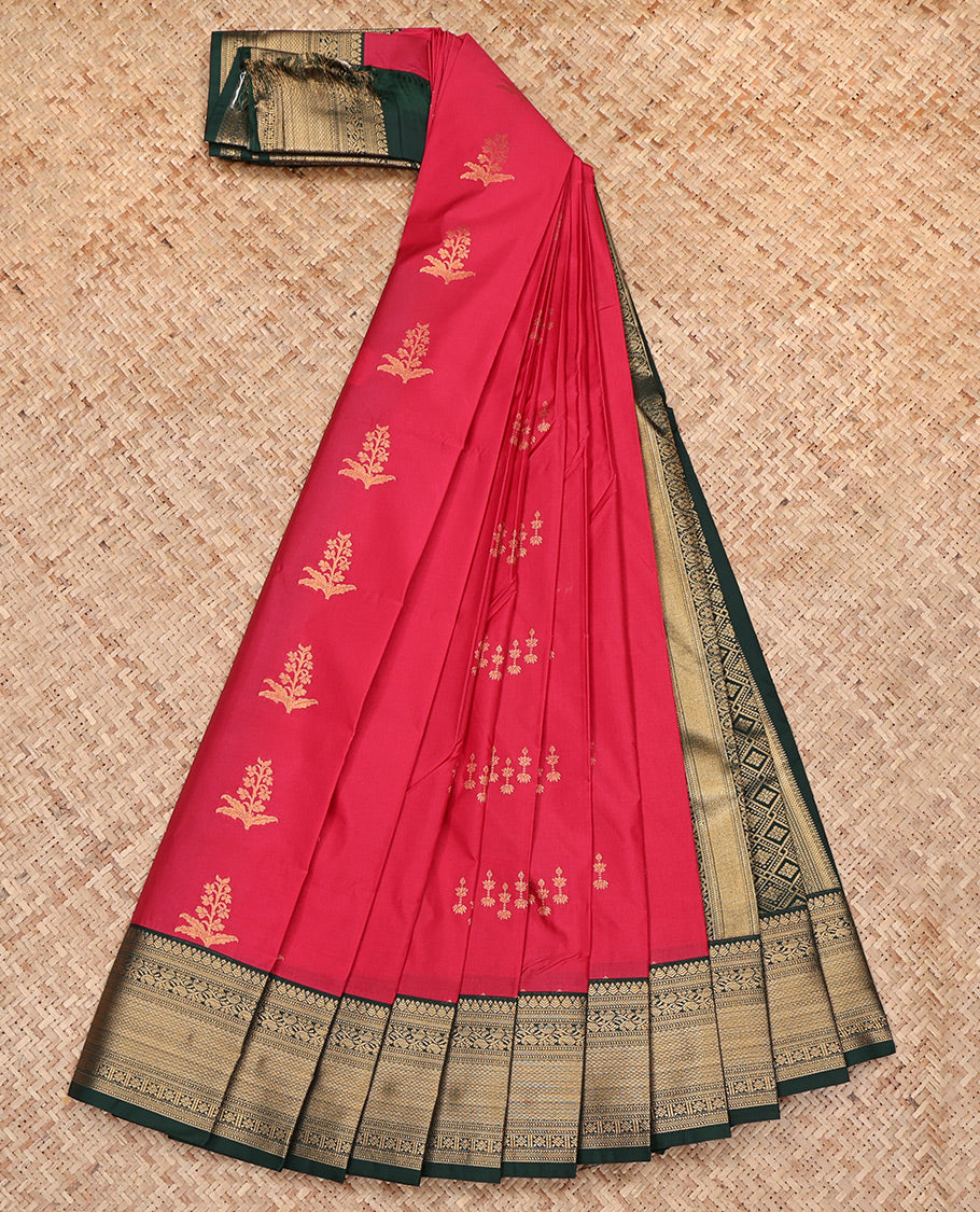 Red Budget Silk Saree, Decorated with Zari Buttas All Over Its Body, Complemented by a Contrast Traditional Zari Border, Grand Jaal Pallu, and Paired with a Contrast Blouse