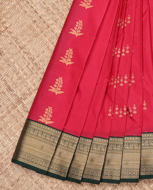Red Budget Silk Saree, Decorated with Zari Buttas All Over Its Body, Complemented by a Contrast Traditional Zari Border, Grand Jaal Pallu, and Paired with a Contrast Blouse