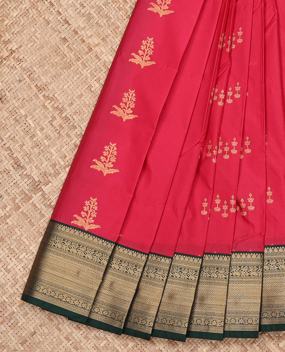 Red Budget Silk Saree, Decorated with Zari Buttas All Over Its Body, Complemented by a Contrast Traditional Zari Border, Grand Jaal Pallu, and Paired with a Contrast Blouse