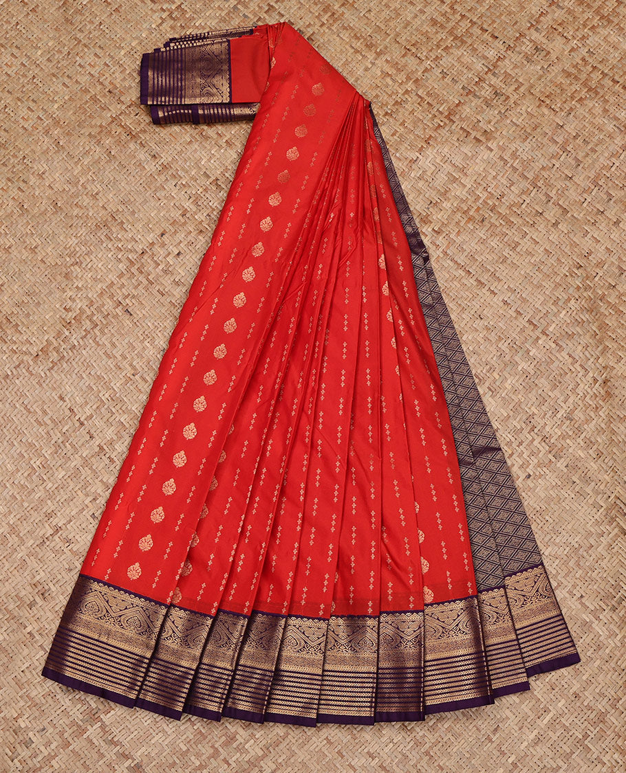 Red Budget Silk Saree, Delicately Woven with Zari Buttas All Over Its Body, Complemented by a Contrast Traditional Zari Design Border, Grand Jaal Pallu, and Paired with a Contrast Blouse