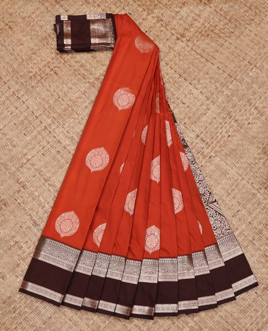 Rust Budget Silk Saree, Detailed with Zari Buttas All Over Its Body, Complemented by a Contrast Traditional Zari Design Rettai Pettu Border, Pallu of Mughal-Style Floral Designs, and Paired with a Contrast Blouse