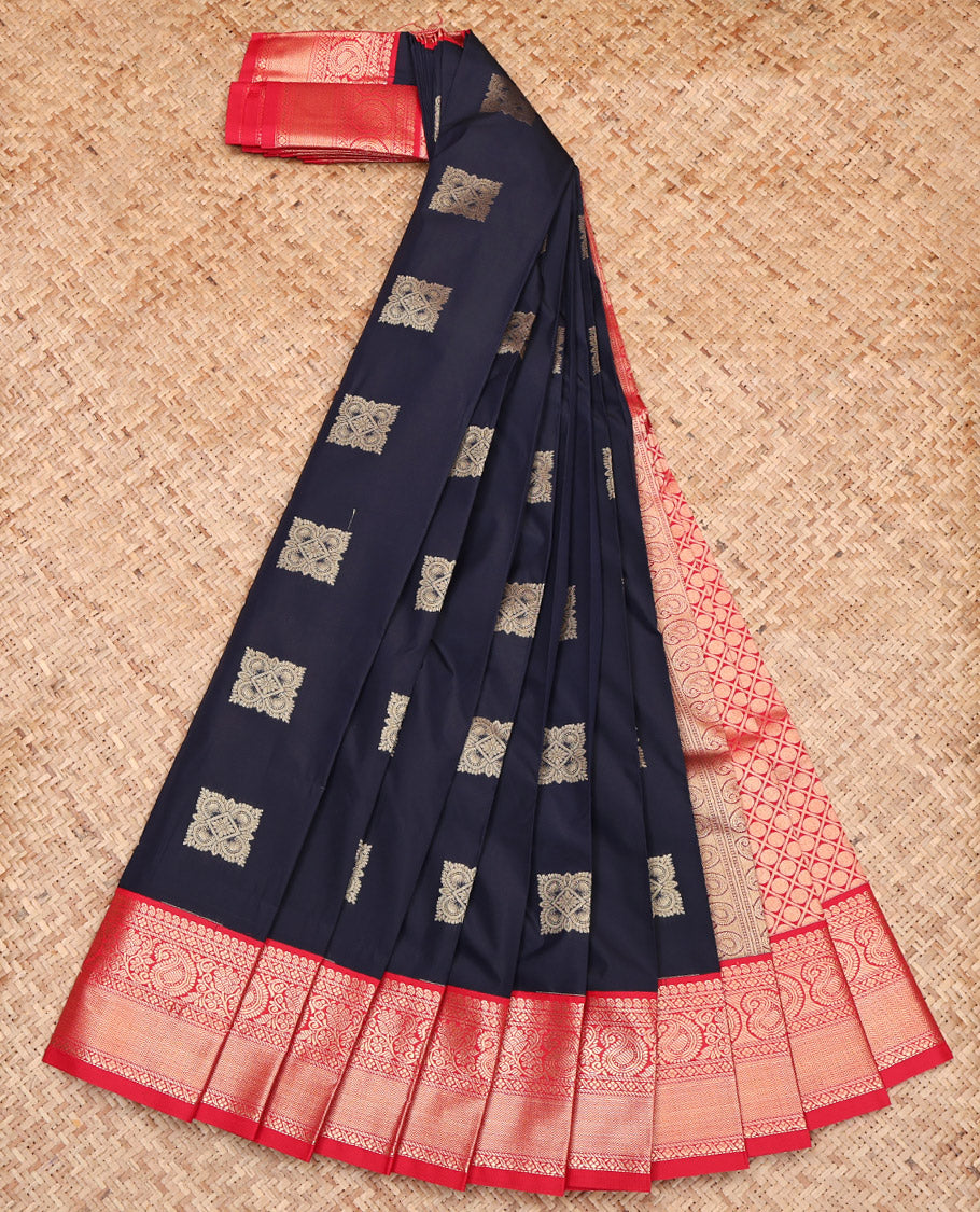 Navy Blue Budget Silk Saree, Spotlighted with Zari Buttas on Its Body, Complemented by a Contrast Traditional Zari Design Border, Grand Pallu, and Paired with a Contrast Blouse