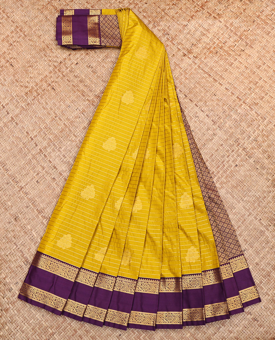 Yellow Budget Silk Saree, Sparsely Threaded with Buttas and Stripes, Complemented by Contrast Traditional Rettai Pettu Border, Jaal Pallu and a Contrast Blouse