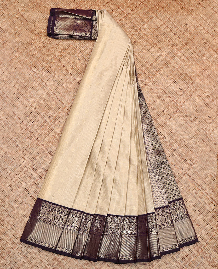 Beige Budget Silk Saree, Sparsely Woven with Buttas and Stripes, Complemented by a Contrast Traditional Zari Border, Grand Pallu, and a Contrast Blouse