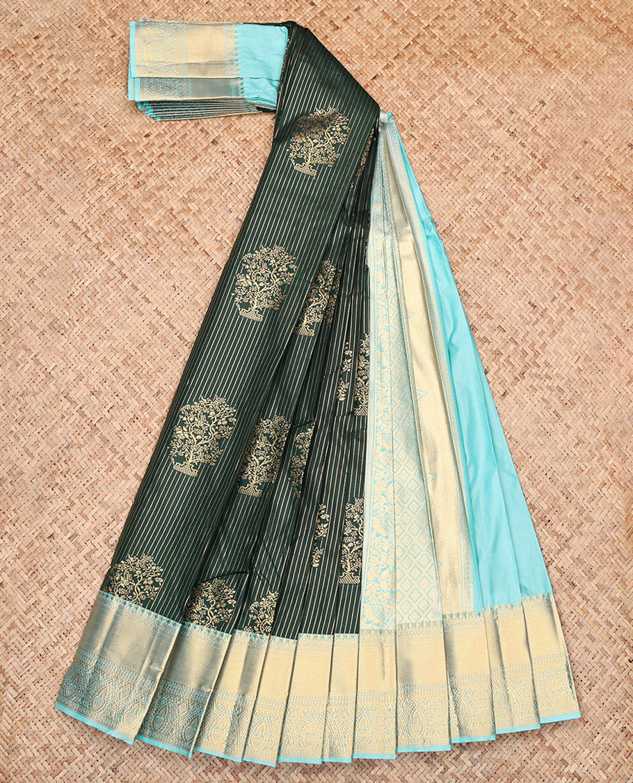 Green Budget Silk Saree, Detailed with Zari Buttas and Stripes, Contrast Traditional Zari Border, Jaal Pallu, and a Contrast Blouse