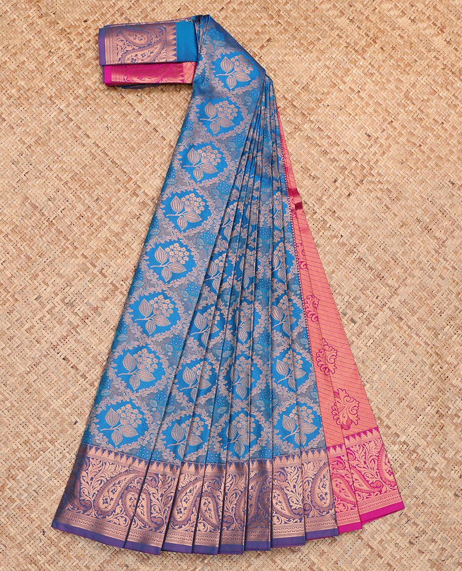 Blue Budget Silk Saree, Elevated with Floral Jacquard, Complemented by Contrast Paisley Zari Border, Intricate Pallu, and a Contrast Blouse