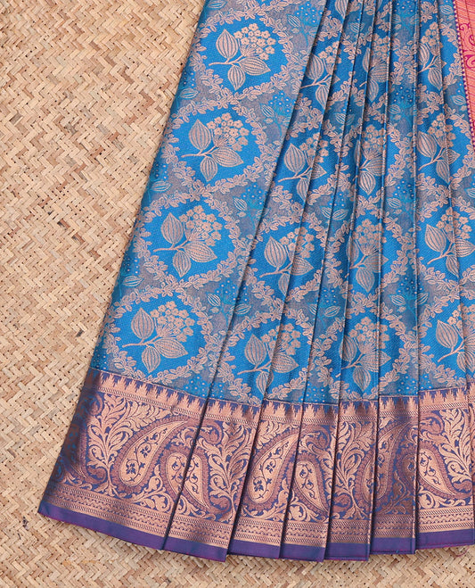 Blue Budget Silk Saree, Elevated with Floral Jacquard, Complemented by Contrast Paisley Zari Border, Intricate Pallu, and a Contrast Blouse