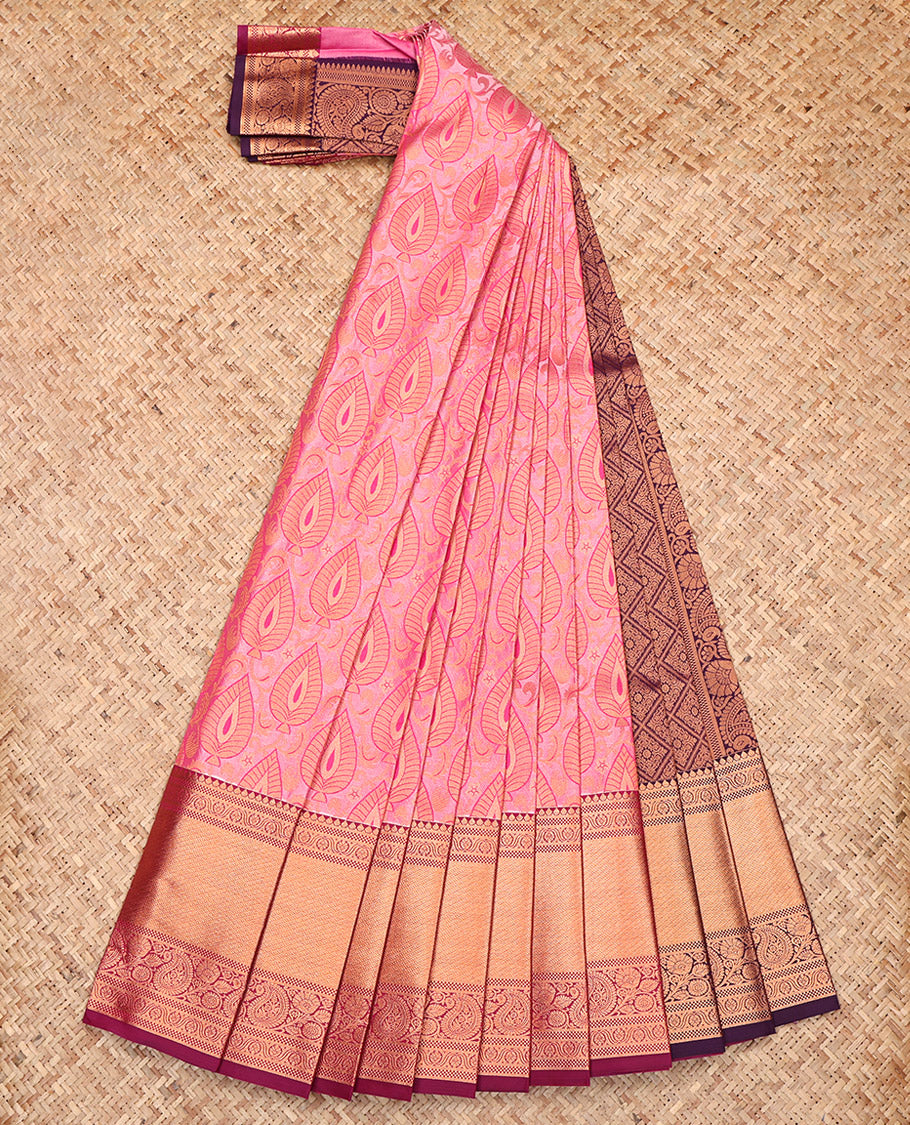 Pink Budget Silk Saree, Woven with Jacquard, Complemented by Contrast Traditional Zari Border, Grand Pallu, and a Contrast Blouse