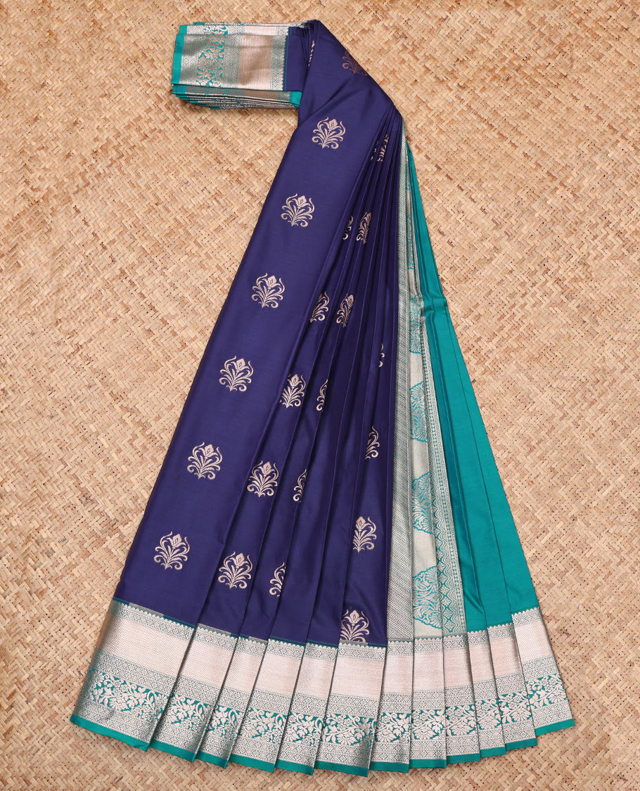 Blue Budget Silk Saree, Delicately Woven with Zari Buttas, Complemented by a Contrast Traditional Zari Border, Grand Pallu, and Contrast Blouse