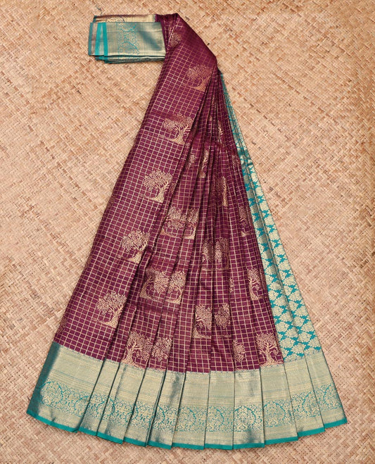 Brown Budget Silk Saree, Finely Crafted with Buttas and Checks, Complemented by a Contrast Traditional Zari Border, Grand Pallu, and a Contrast Blouse