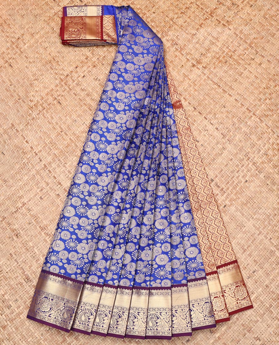 Blue Budget Silk Saree, Decked Up with Jacquard Design, Complemented by a Contrast Traditional Zari Border, Grand Pallu, and a Contrast Blouse