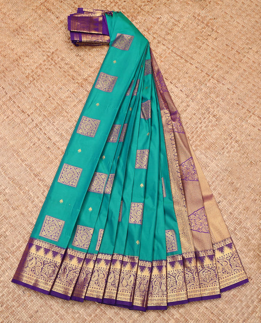 Blue Budget Silk Saree, Bedecked with Zari Buttas, Complemented by a Contrast Traditional Zari Border, Grand Pallu, and Contrast Blouse