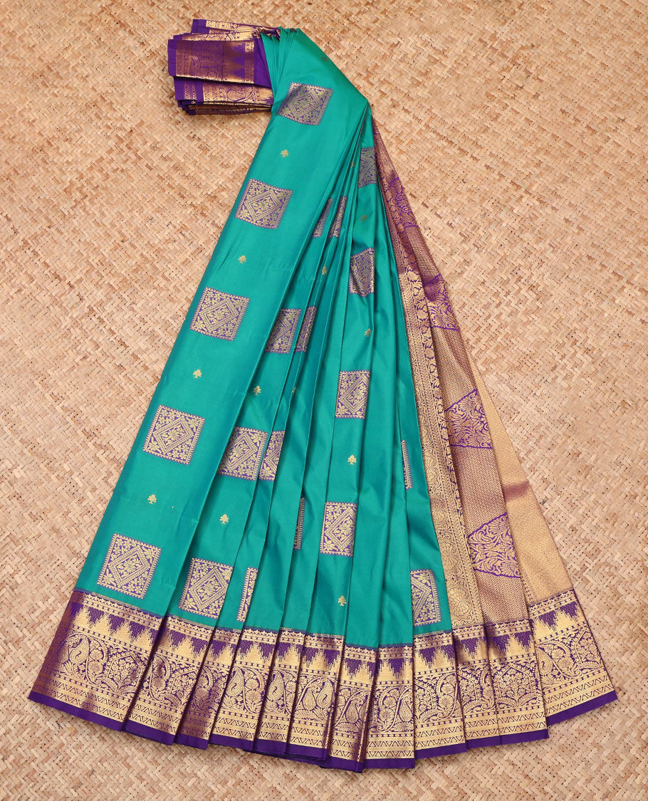 Blue Budget Silk Saree, Bedecked with Zari Buttas, Complemented by a Contrast Traditional Zari Border, Grand Pallu, and Contrast Blouse