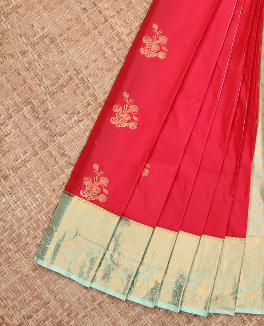 Red Budget Silk Saree Showcasing Zari Buttas, Complemented by a Contrast Traditional Zari Border, Grand Pallu, and a Contrast Blouse