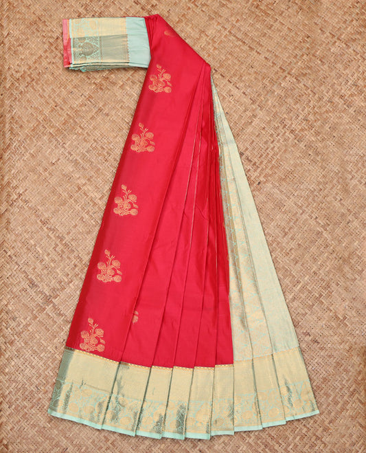 Red Budget Silk Saree Showcasing Zari Buttas, Complemented by a Contrast Traditional Zari Border, Grand Pallu, and a Contrast Blouse