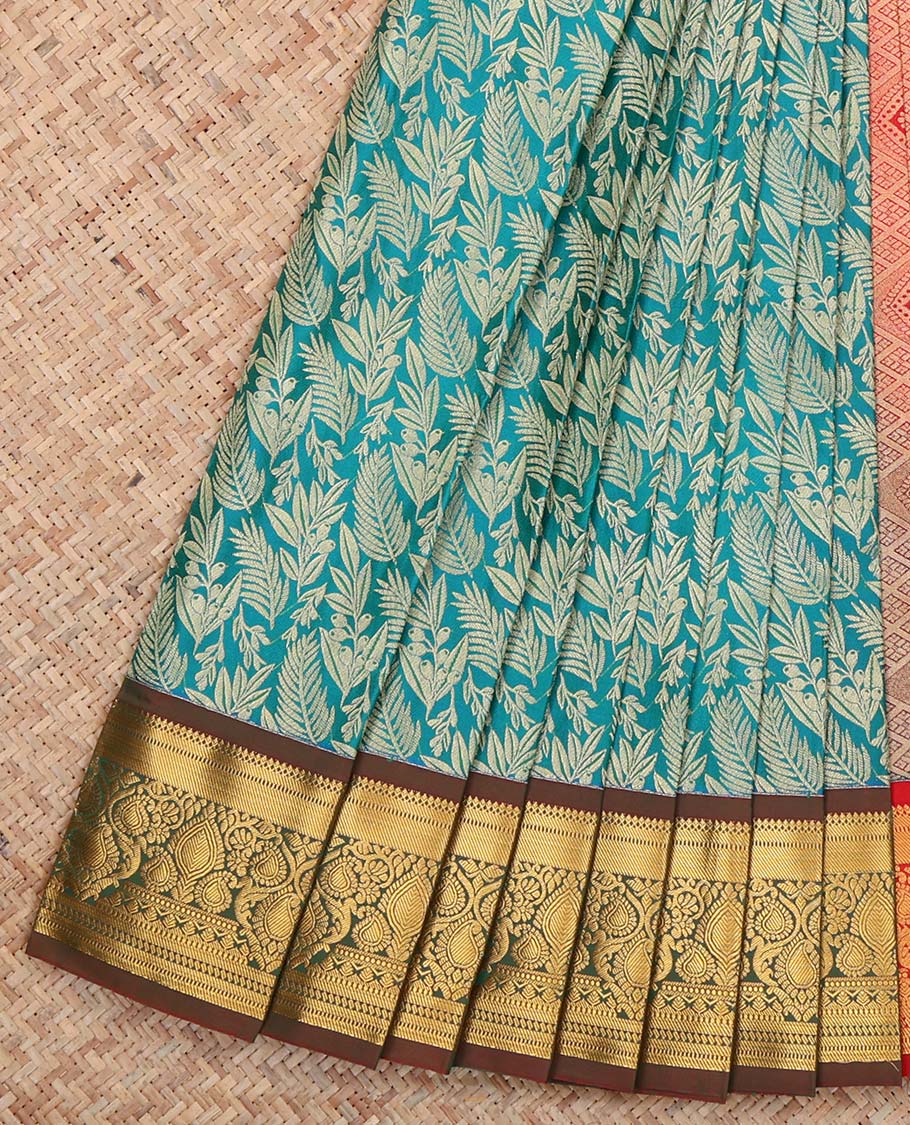 Blue Budget Silk Saree, Decorated with Floral Vine Design, Complemented by Contrast Paisley Zari Border, a Jaal Pallu and a Contrast Blouse