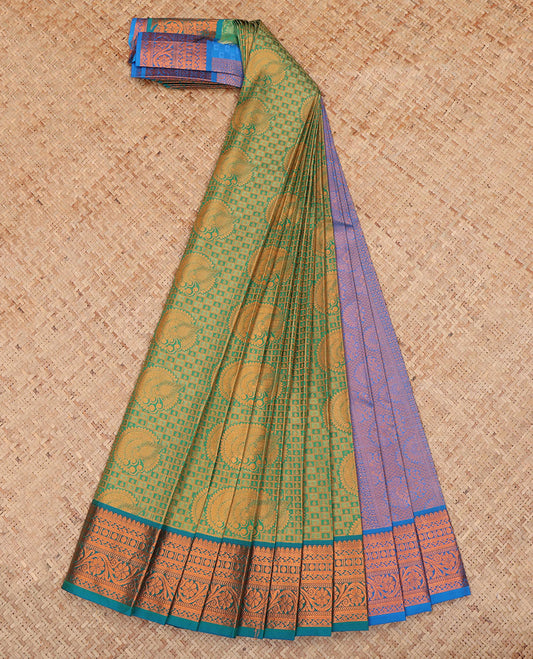 Green Budget Silk Saree, Decked Up with Jacquard Design, a Contrast Traditional Zari Border, Grand Pallu, and a Contrast Blouse
