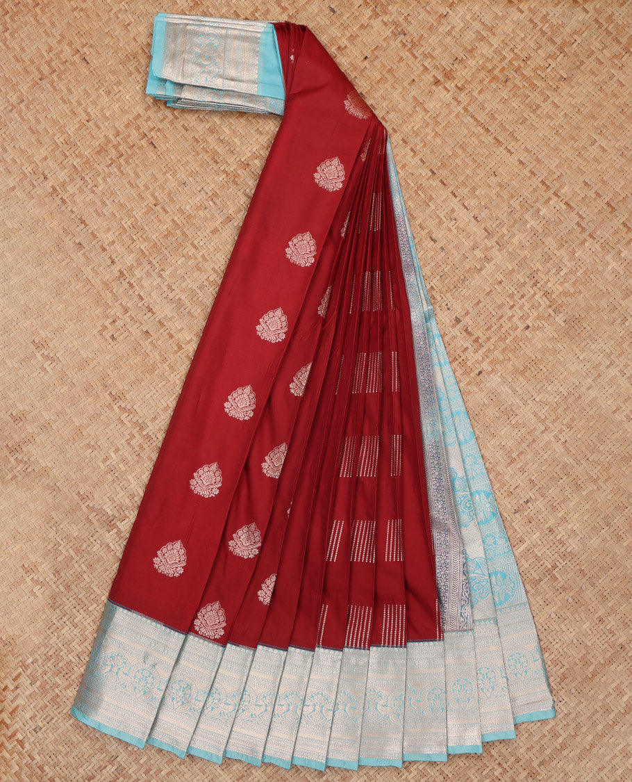 Maroon Budget Silk Saree, Elevated with Zari Buttas, a Contrast Traditional Border, Grand Pallu, and a Contrast Blouse