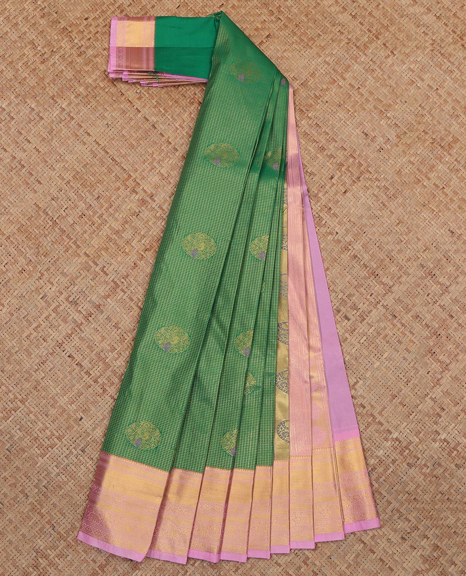 Green Budget Silk Saree, Spotlighted with Peacock Buttas and Checks, a Contrast Traditional Zari Border, an Intricate Pallu and a Contrast Blouse