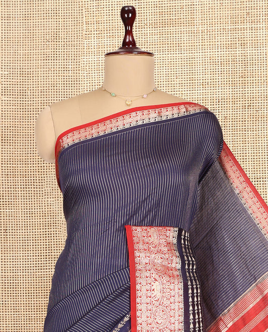 Blue Assam Silk Saree, Bedecked with Zari Stripes, Complemented by Contrast Traditional Zari Border,  Zari Woven Pallu, and Contrast Blouse