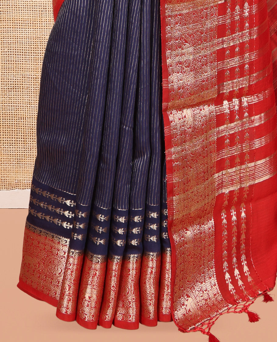 Blue Assam Silk Saree, Bedecked with Zari Stripes, Complemented by Contrast Traditional Zari Border,  Zari Woven Pallu, and Contrast Blouse