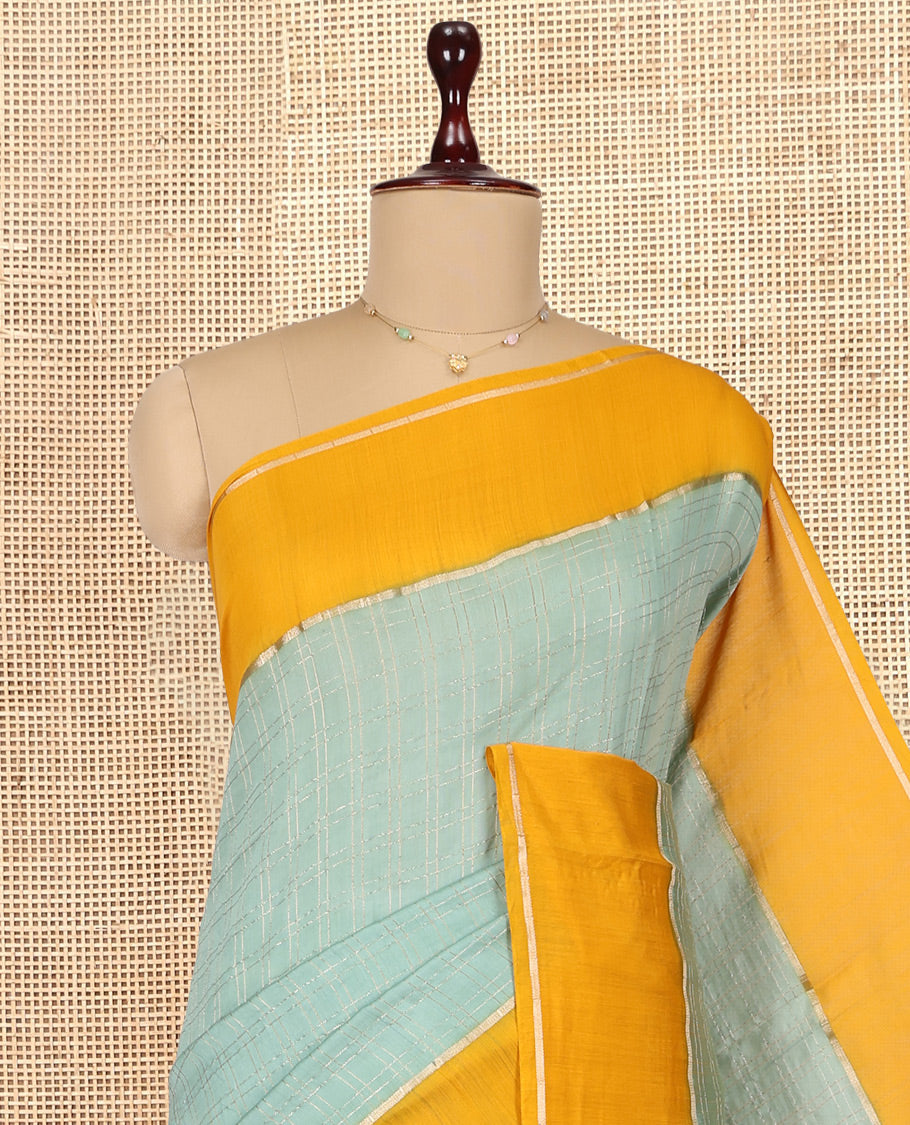 Blue Assam Silk Saree, Ornamented with Zari Checks, Complemented by Contrast Zari Border,  Zari Woven Pallu, and Contrast Blouse