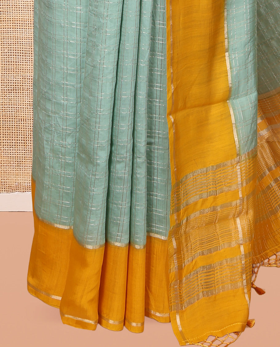Blue Assam Silk Saree, Ornamented with Zari Checks, Complemented by Contrast Zari Border,  Zari Woven Pallu, and Contrast Blouse
