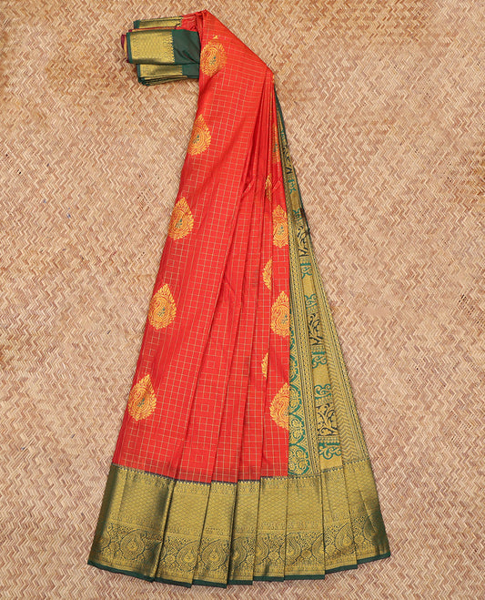 Red Budget Silk Saree, Bedecked with Zari Buttas and Checks, Complemented by a Contrast Traditional Zari Border, Grand Pallu, and Contrast Blouse