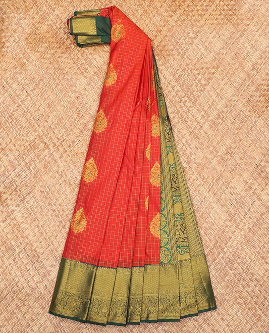 Red Budget Silk Saree, Bedecked with Zari Buttas and Checks, Complemented by a Contrast Traditional Zari Border, Grand Pallu, and Contrast Blouse