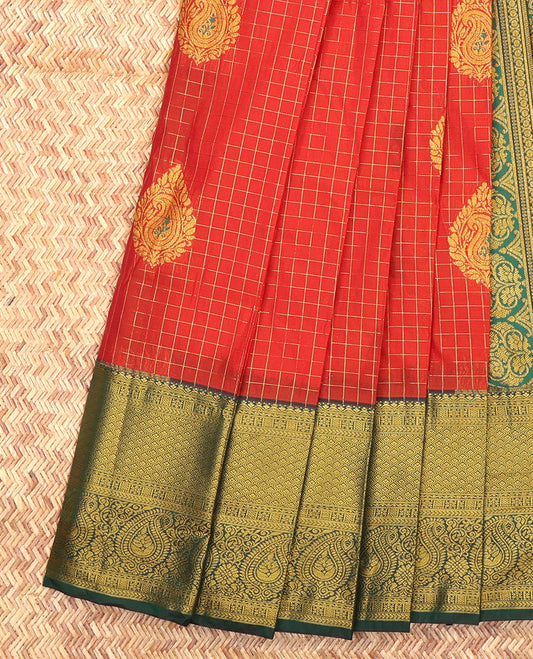 Red Budget Silk Saree, Bedecked with Zari Buttas and Checks, Complemented by a Contrast Traditional Zari Border, Grand Pallu, and Contrast Blouse