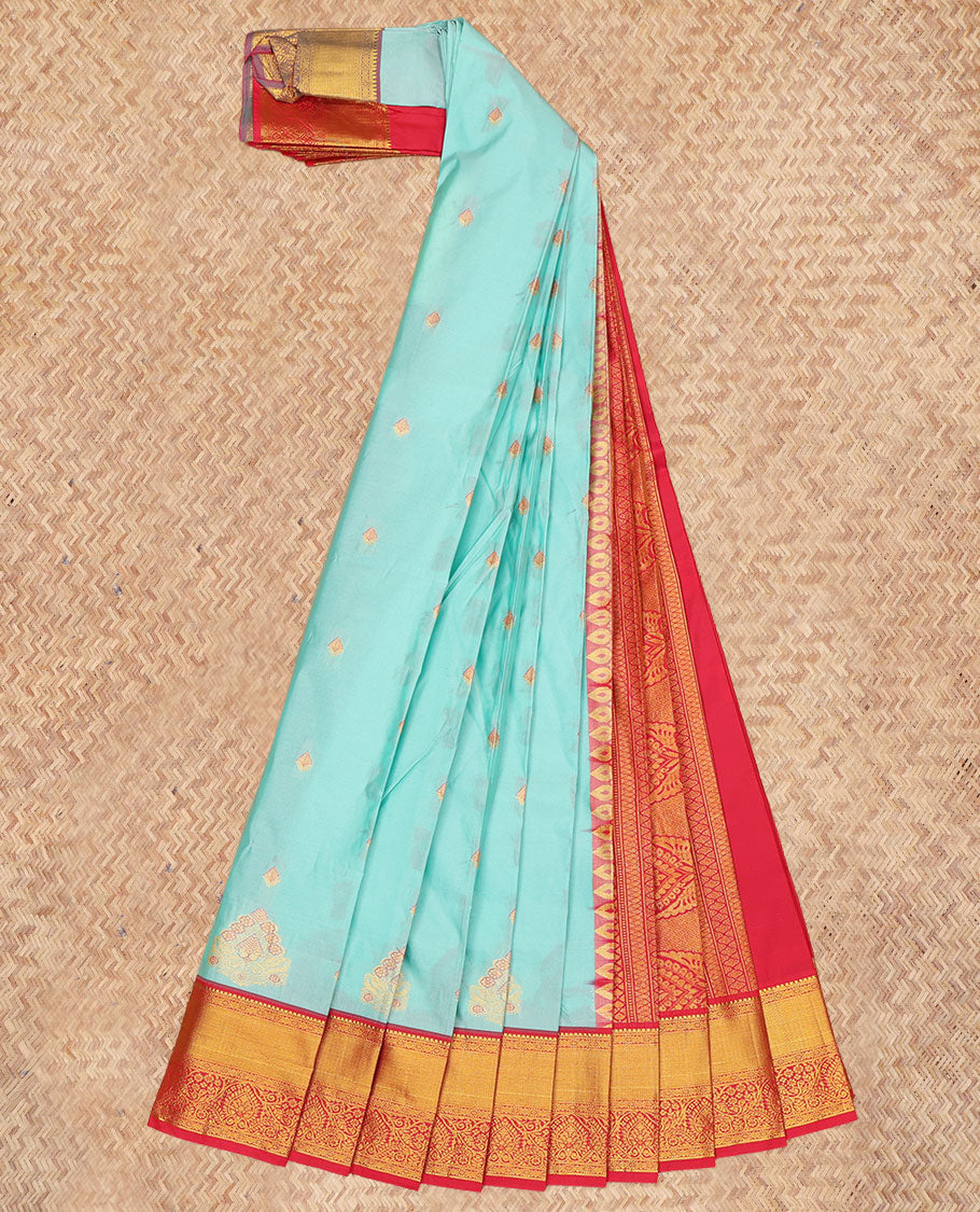 Blue Budget Silk Saree, Accentuated with Zari Buttas, a Contrast Traditional Zari Border, Grand Pallu, and a Contrast Blouse