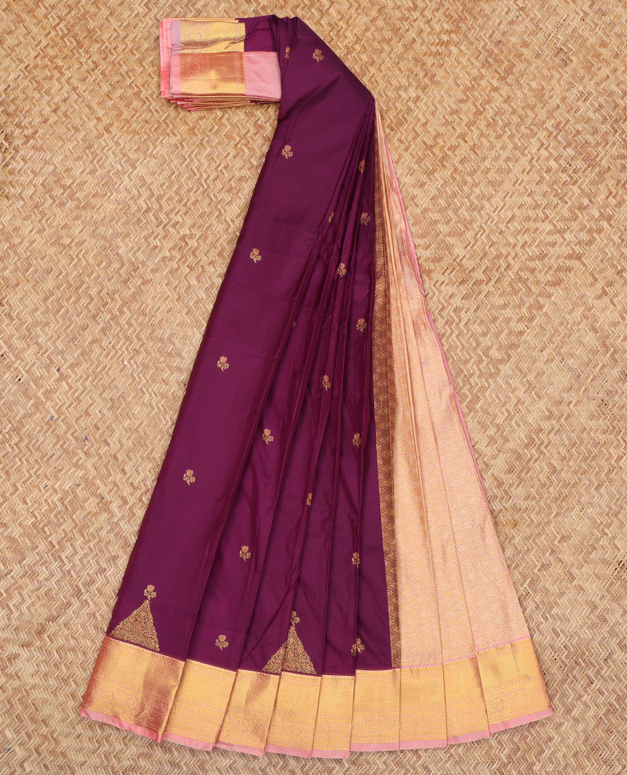 Wine Budget Silk Saree Featuring Zari Buttas, a Contrast Traditional Zari Border, Grand Pallu, and a Contrast Blouse